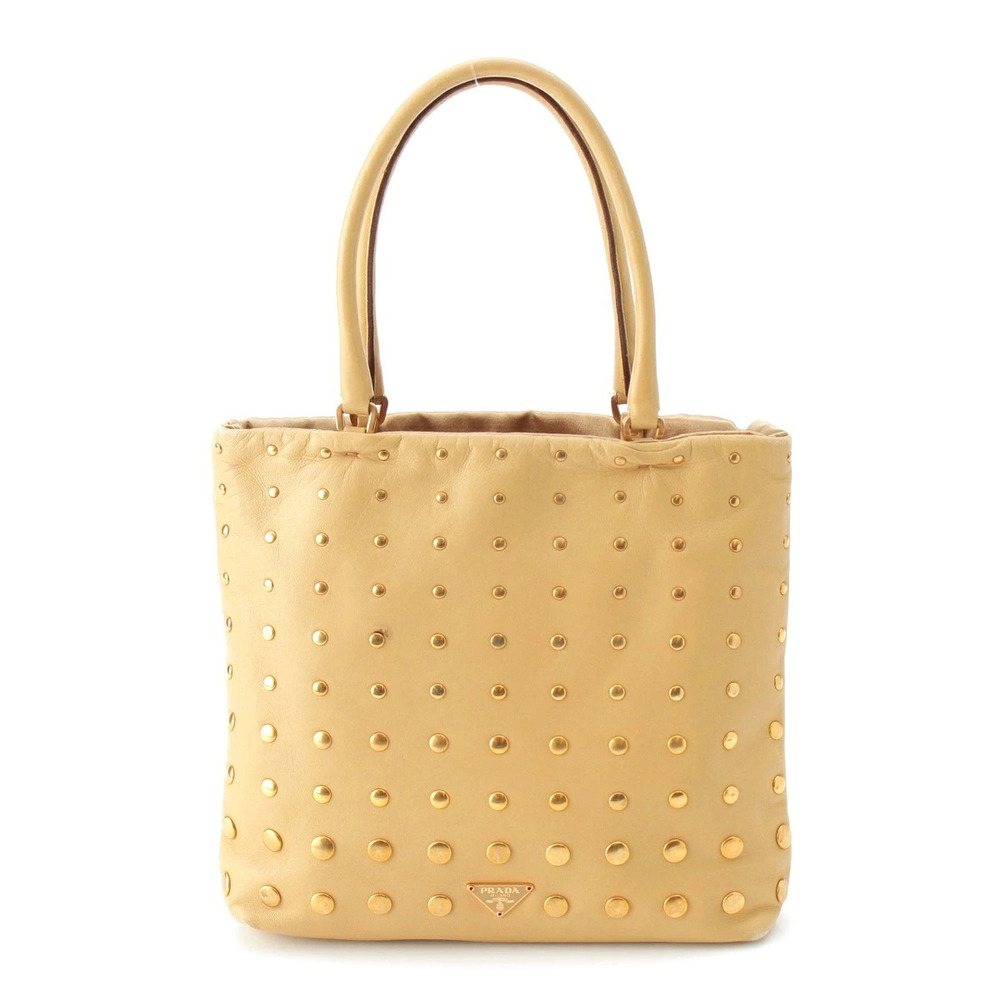 Prada Leather Triangle Studded Handbag Tote Bag Beige Cream